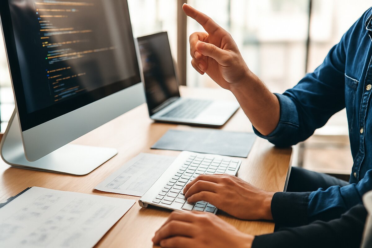 Deux personnes assises à un bureau avec un ordinateur fixe, un ordinateur portable et des documents — support et assistance technique